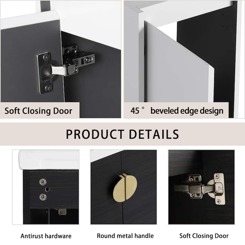 24" Wall-Mounted Bathroom Vanity With Ceramic Sink and Side Cabinet, Soft Close Doors, Combination Cabinet