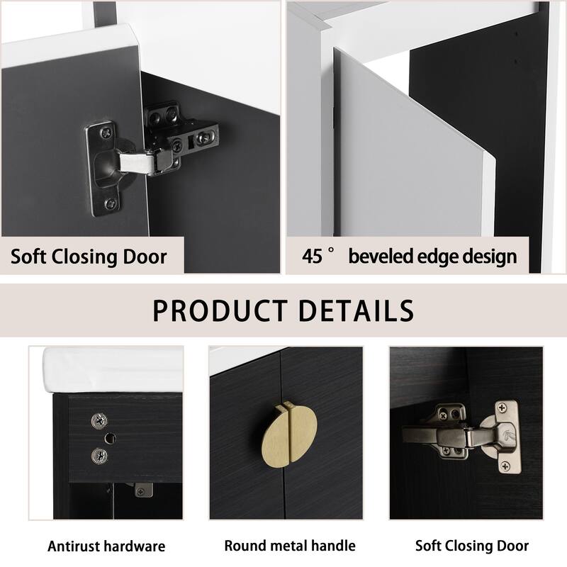 28" Floating Bathroom Vanity with Ceramic Sink, Soft-Close Doors, Wall-Mounted Side Cabinet, Black Chestnut