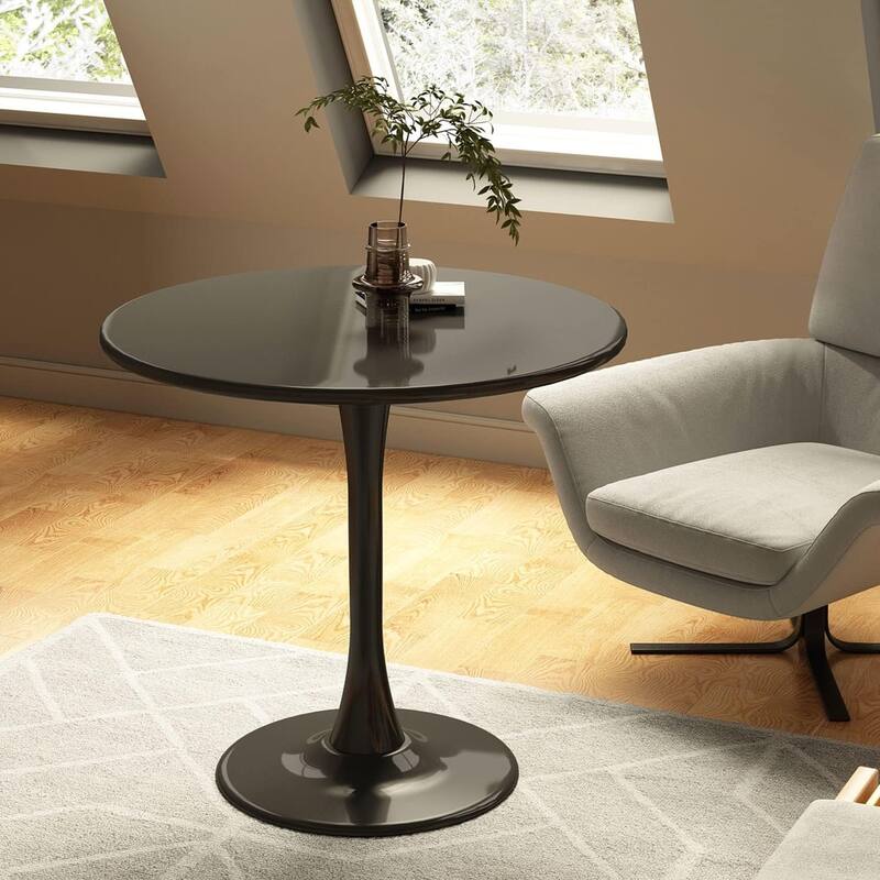 Round Dining Table, 24 Inch Tulip MDF Top with Steel Base, Mid-Century Coffee Table for Small Spaces - Black