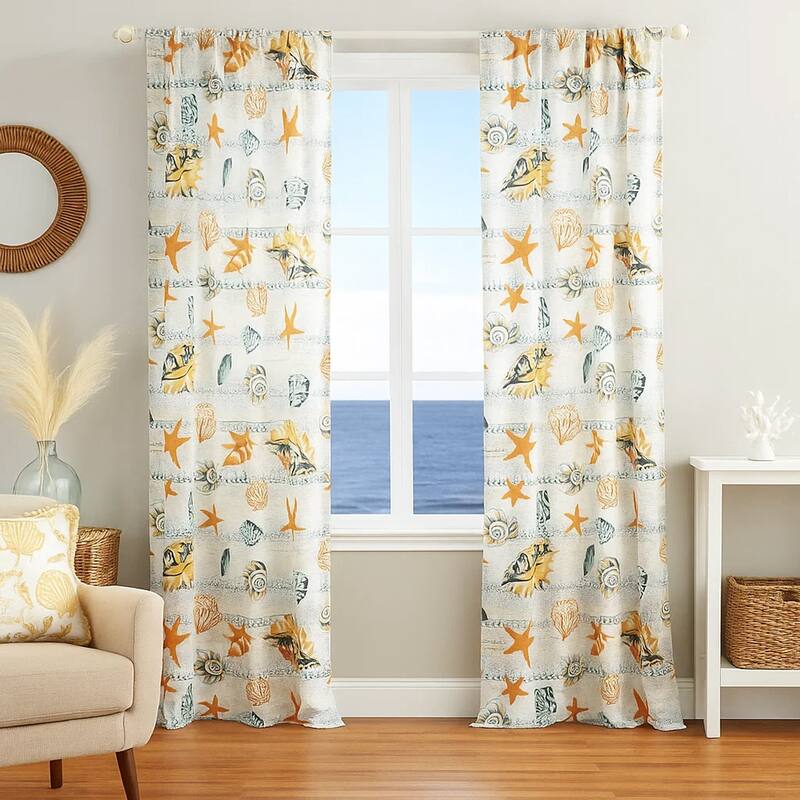 Carie 2 Panel Curtain Set, Light Coastal Seashell Print Microfiber
