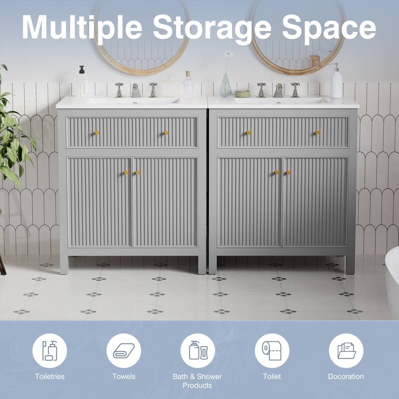 Roomfitters 60" Grey Bathroom Vanity with Ceramic Sink, Freestanding Storage Cabinet with Fluted Doors & Soft-Close Drawer