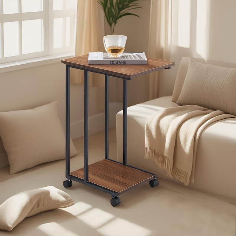 JJS Side End C Table for Sofa, Living Room Couch Table Snack Table That Slide Under for Small Spaces