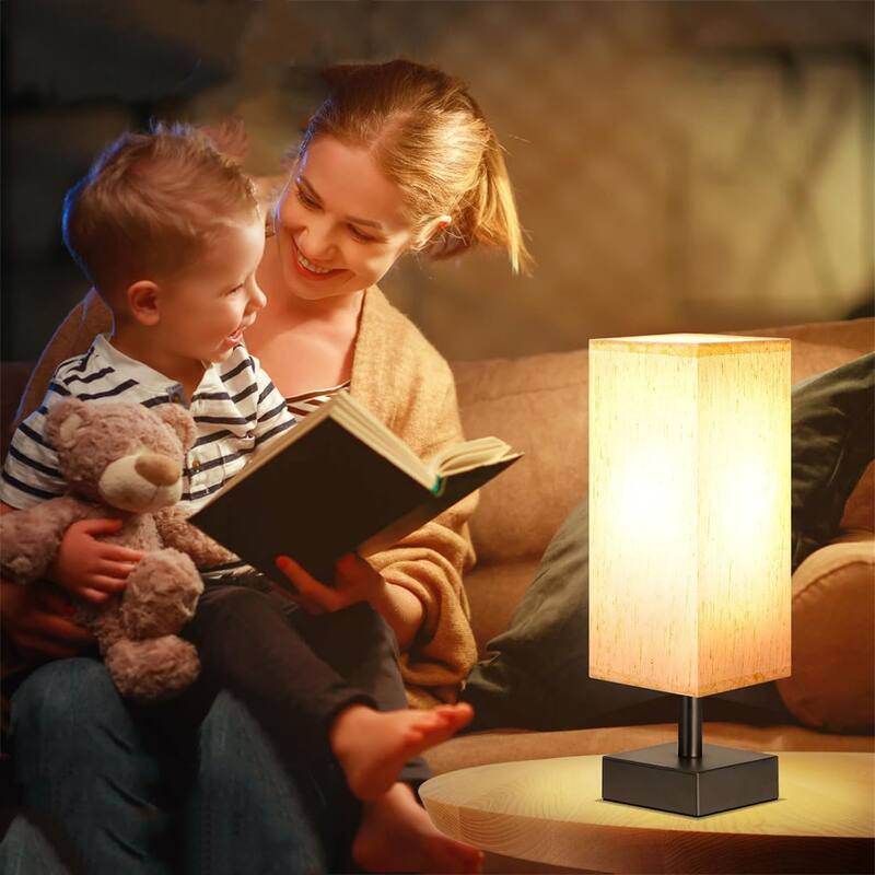 Minimalist Night Stand Light Lamp with Square Fabric Shade