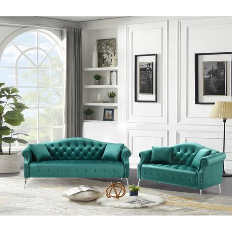 Velvet Chesterfield Sofa Set with 4 Pillows, Curved Backrest 3-Seat Sofa & Loveseat wiht Button Tufted Nailhead Trimming