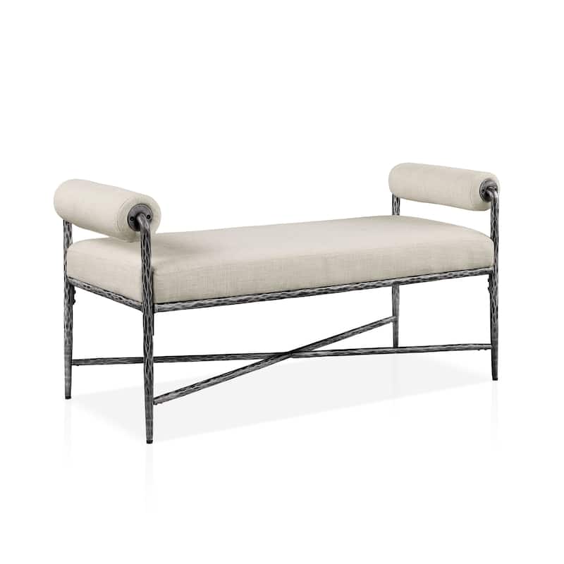 247 Shop At Home Lalia Modern Upholstered 48-inch Hammered Metal Accent Bench with Roll Arms