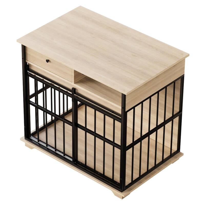 Dog Crate Furniture with Drawer & Sliding Door, Decorative Pet Kennel End Table for Medium Dogs, Wooden Dog Crate with Tray