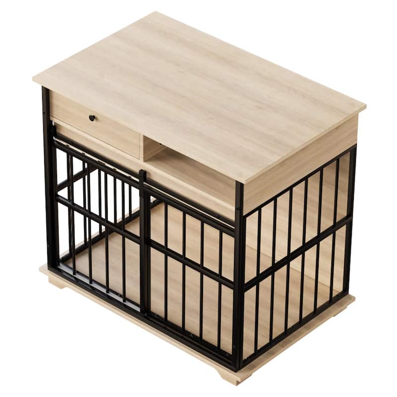Wooden Dog Kennel Furniture Dog Crate Furniture with Drawer and Solid Wood Top, Side Storage Compartment