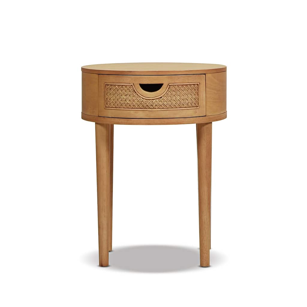 Cabana 18" Cane Rattan Oak Wood Round Storage Side Table