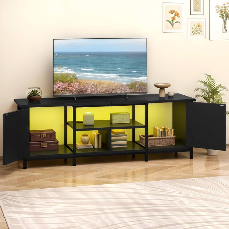 Moasis Farmhouse TV Stand with LED & Charging, Storage Cabinet and Shelves for TVs up to 70", Black