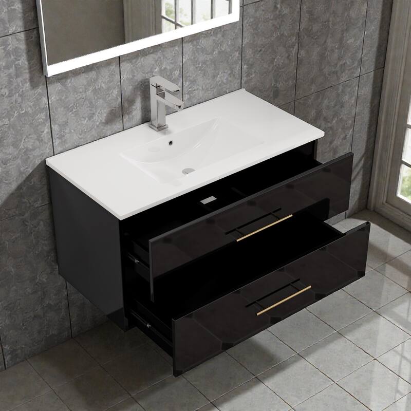 36" Gloss Wall-Mounted Bathroom Vanity with Integrated Ceramic Sink, Double Drawers & Long Gold Metal Handle