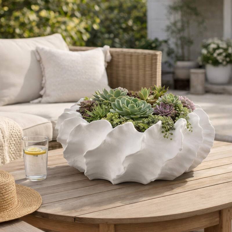 Velz Decorative Planter, 16 Inch Wavy Edge, Matte White Ceramic