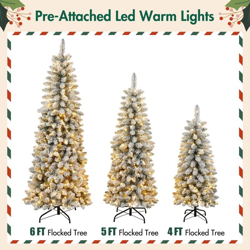 4/5/6FT Flocked Artificial Hinged Christmas Tree Set of 3 with LED Lights