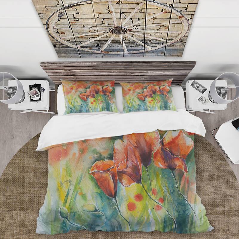 Designart 'Red Blossoming Poppies V' Traditional Duvet Cover Set