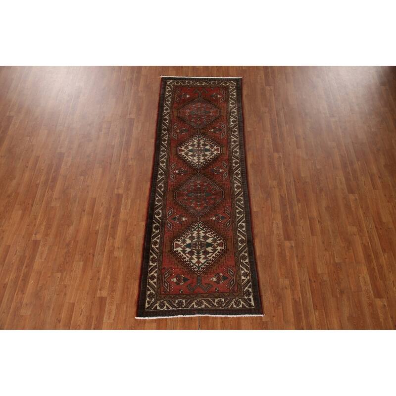 Red Ardebil Persian Vintage Runner Rug Handmade Hallway Wool Carpet - 3'3"x 9'3"