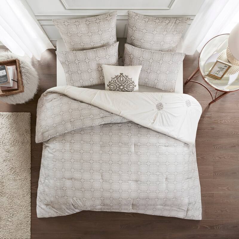 GDF Studio - Malia 6-Piece Embroidered Cotton Reversible Comforter Set