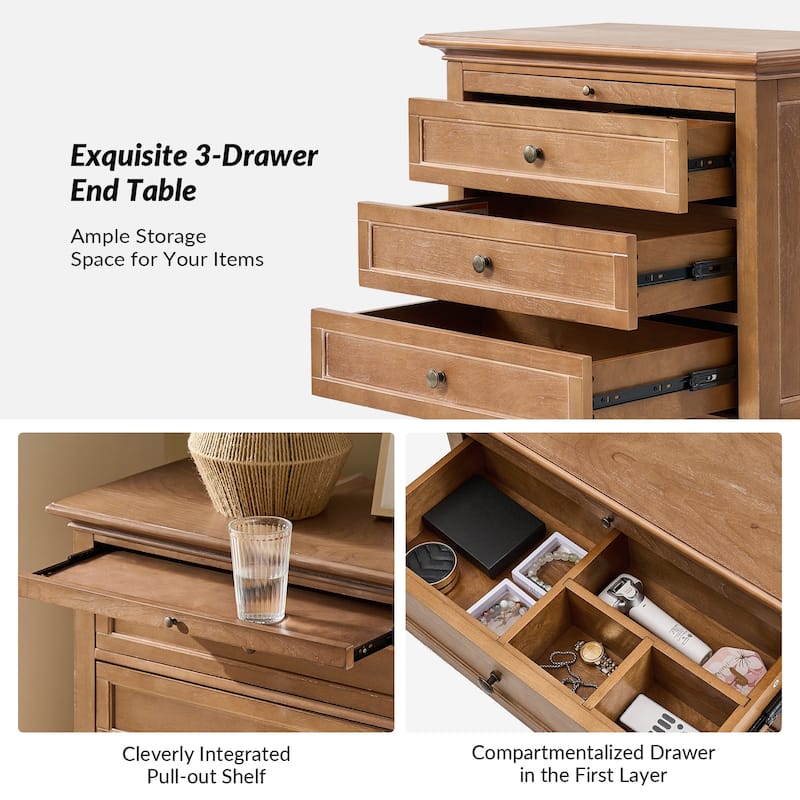 Muriel Farmhouse 3 Drawers End Table with Built-In Outlets by HULALA HOME