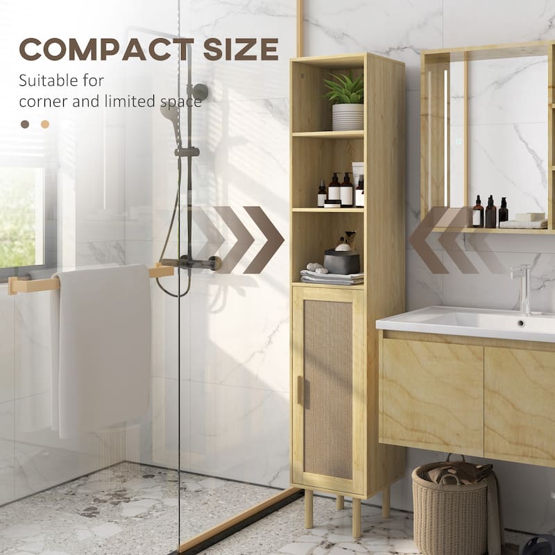 Rattan Bathroom Cabinet with Adjustable Shelf and Open Shelves - 12.6" W x 11.8" D x 66.9" H