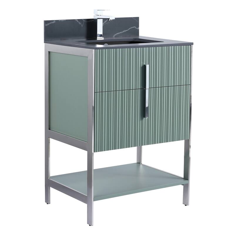 Fine Fixtures Serenity Modern Bathroom Vanity with Black Sintered Stone Top - Mint Green - Chrome Hardware - 24 inch