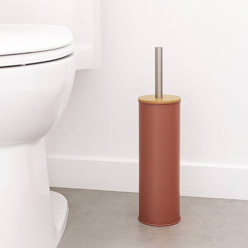 Metal Toilet Brush and Holder Set With Bamboo Lid - Terracotta