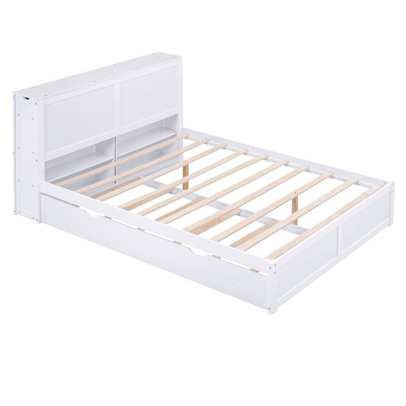 Wooden Storage Platform Bed with Bookcase Headboard, Full/Queen Bed Frame with Twin Size Trundle and Pull Out Shelves