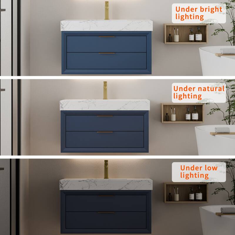 Modland 36" Wall-Mount Vanity with LED Light & 2 Soft-Close Drawers - Solid Oak, Black,White,Blue,Green - 36 inch