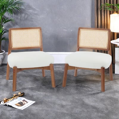 Woven Backrest Lounge Chairs (Set of 2）with Sturdy Wooden Frames, Polyester Upholstered Seats, and Minimalist Design