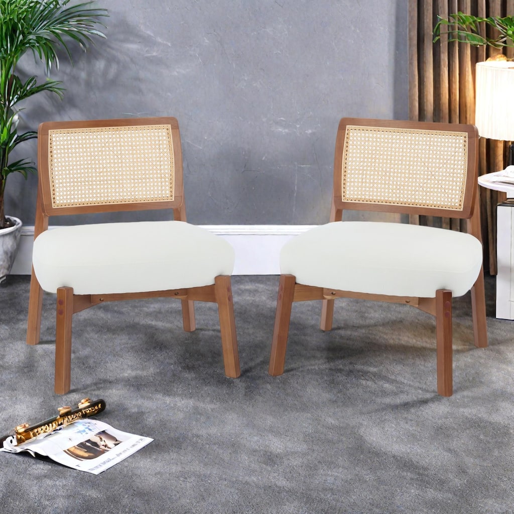 Woven Backrest Lounge Chairs (Set of 2）with Sturdy Wooden Frames, Polyester Upholstered Seats, and Minimalist Design