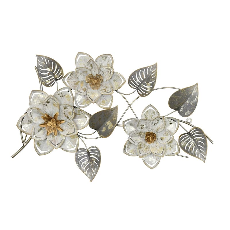 Floral Wall Decor with Gold Petals, Silver Leaves, 28 Inch White Metal