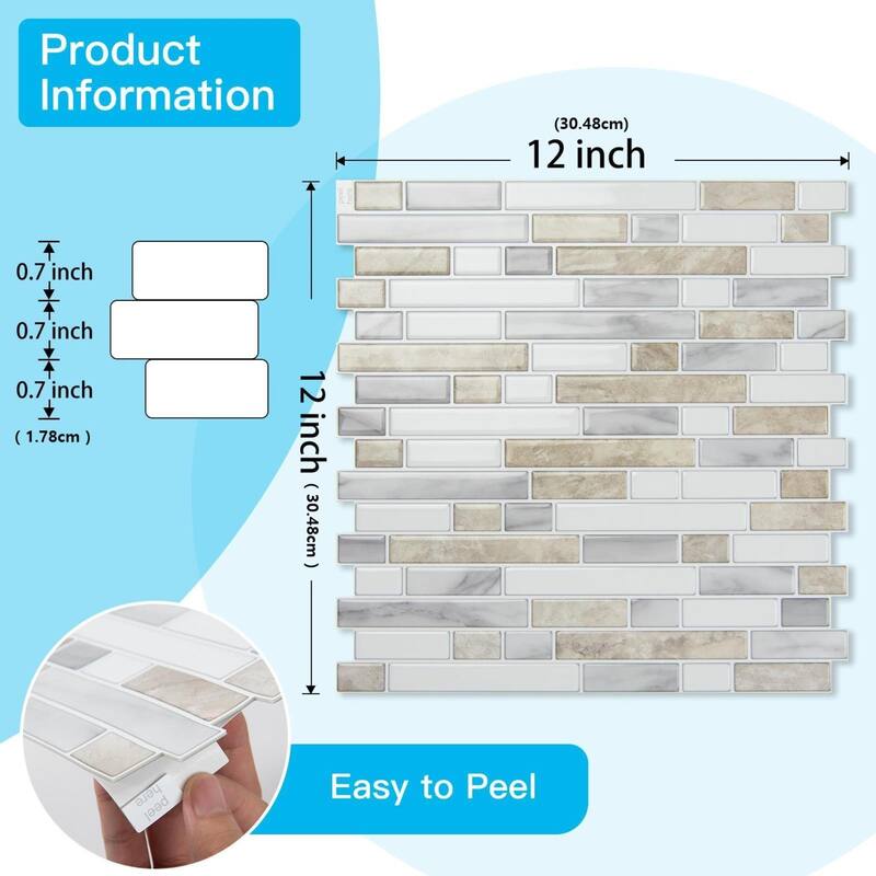 Art3d 10pcs Peel and Stick Backsplash Thickened Tiles, 12''x12'', Cover 10 Sq.Ft. - 11.8"x11.8"