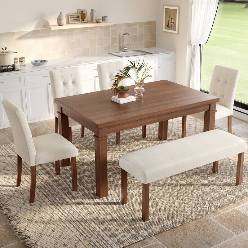 6-Piece, Modern Dining Table Set, Rectangle Kitchen Table with 4 Upholstered Chairs and 1Bench, for Dining Room and Kitchen