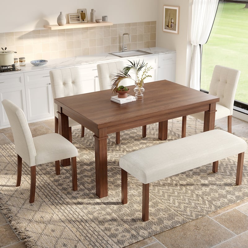 6 Piece Solid Wood Dining Table Set with Rectangle Dining Table, 4 Upholstered Chairs and 1 Bench for Dining Room