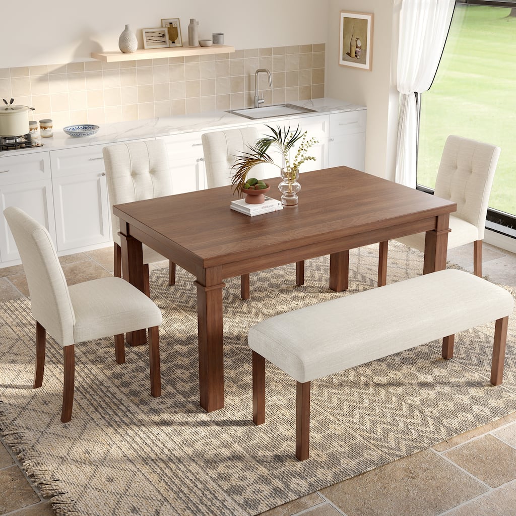 6-Piece Wood Dining Table Set, Modern Kitchen Table Set with 4 Upholstered Chairs and Bench for Living Room