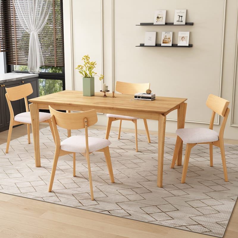 Christopher Knight Home - Thalorin Mid-Century Dining Table with Rubberwood Legs and Upholstered Chair Ensemble - 5 Piece - Light Beige+Natural