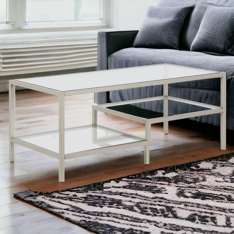 45" Contemporary Rectangular Glass Coffee Table with 2 Storage Shelves for Living Room - 45"L x 22"W x 17"H