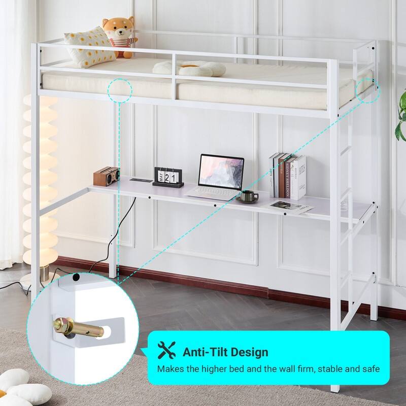 Twin Square Tube Raised Bed With Table Outlet LED Light Strip Iron Bed USA