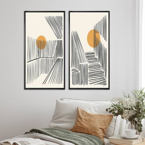 Designart 'Full Moon Mountain In Abstract Retro Landscape III' Geometric Framed Art Set of 2 Pieces