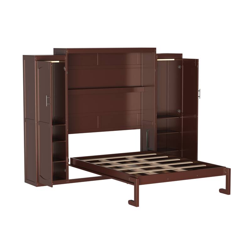 Murphy Bed with Wardrobe and Storage Shelf, Multifunctional Foldable Platform Bedframe