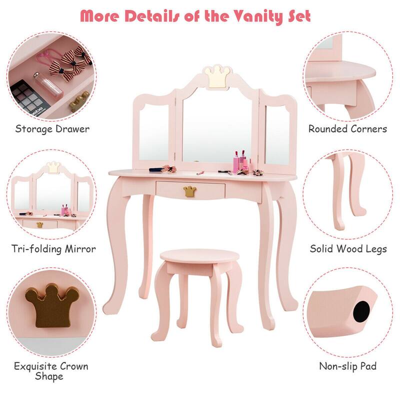 Gymax Kids Makeup Dressing Table Chair Set Princess Vanity & - See Details