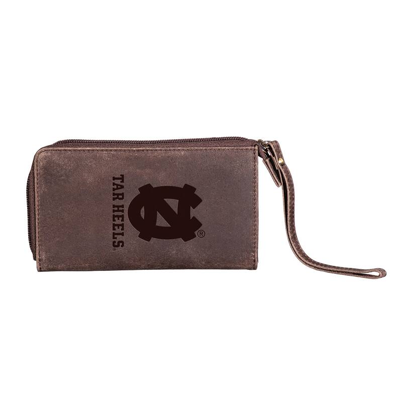 Brown Leather Cell Phone Wristlet Wallet, University of North Carolina - 4" x 7"