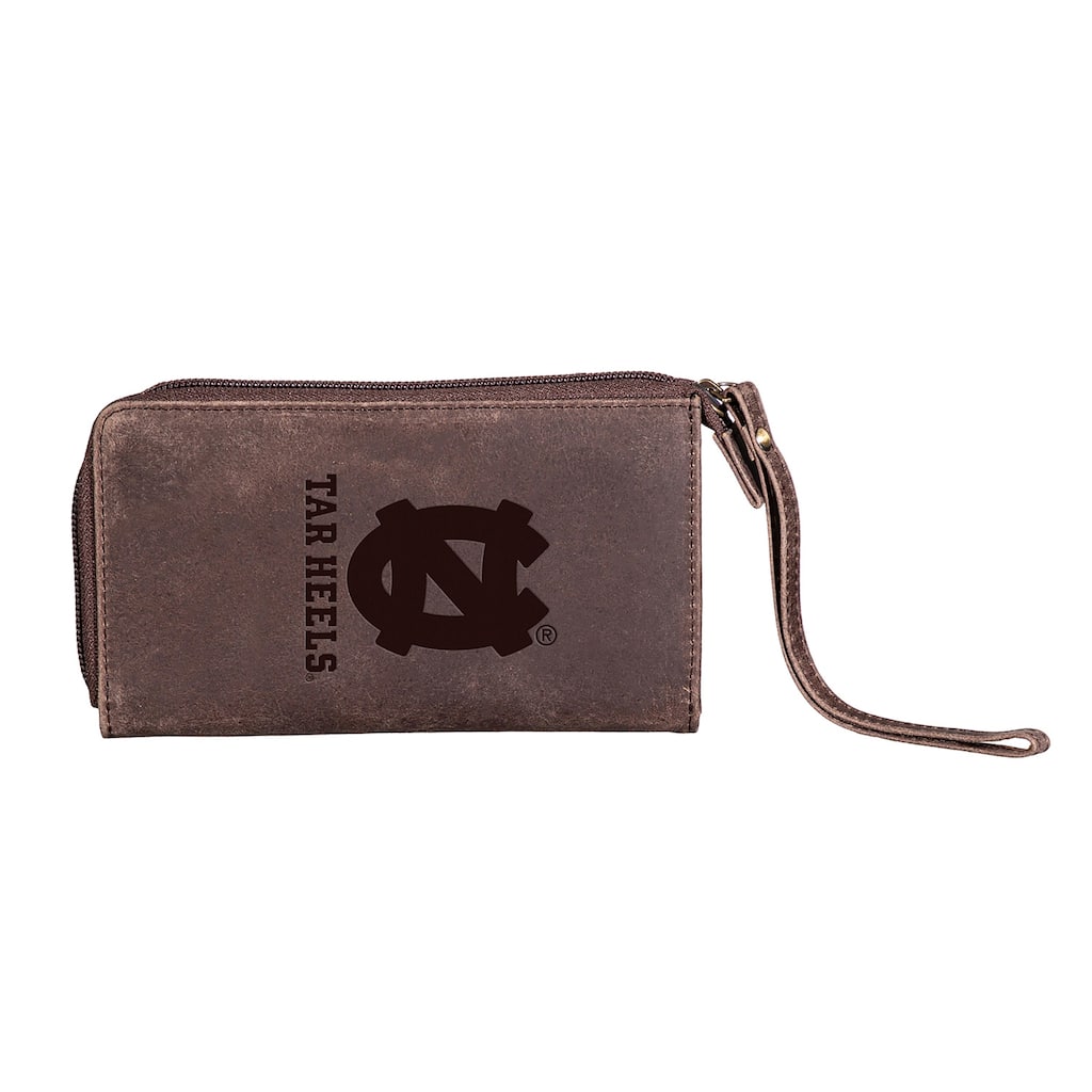 Brown Leather Cell Phone Wristlet Wallet, University of North Carolina - 4" x 7"