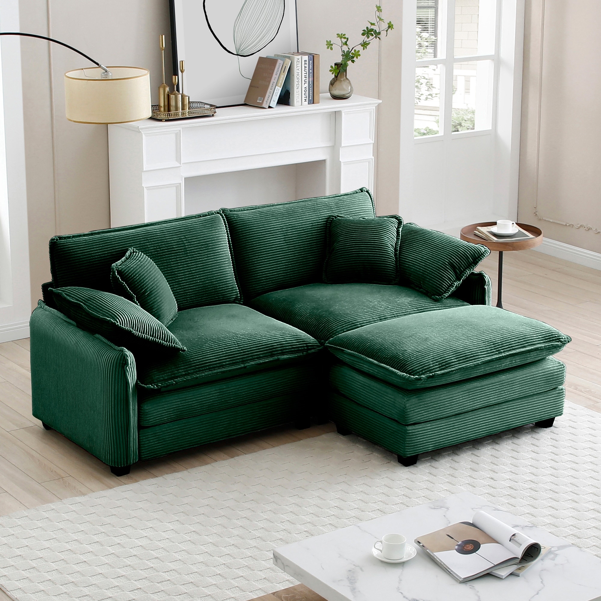 Roomfitters Corduroy Sectional Sofa with Reversible Ottoman, Modern L-Shaped Couch with Accent Pillows for Living Room