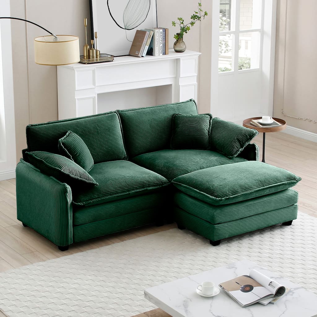 Roomfitters Corduroy Sectional Sofa with Reversible Ottoman, Modern L-Shaped Couch with Accent Pillows for Living Room