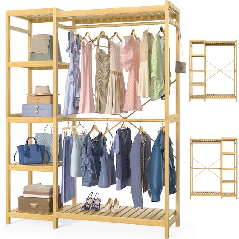 Bamboo Closet System Clothes Rack, Large Freestanding Garment Rack Clothing Rack for Hanging Clothes