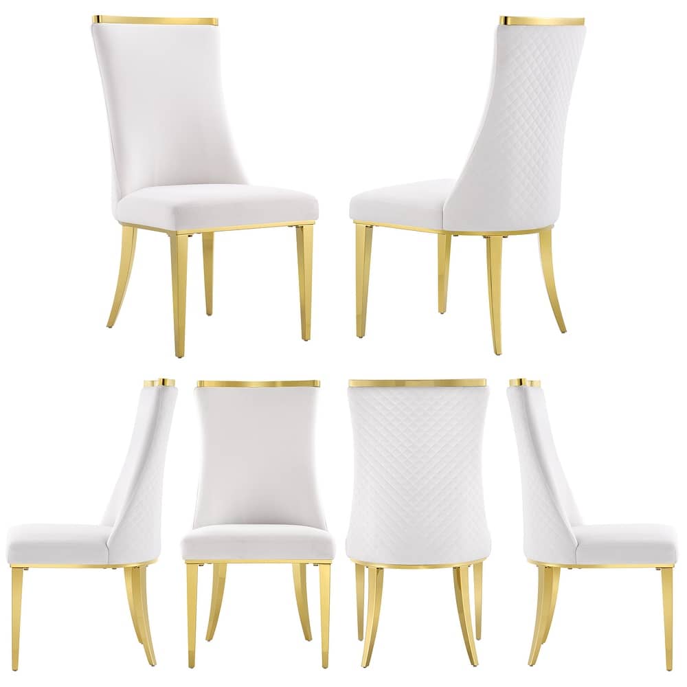 Luxurious White Velvet Upholstered Dining Chairs with Reticulate Texture Back and Polished Gold Metal Legs
