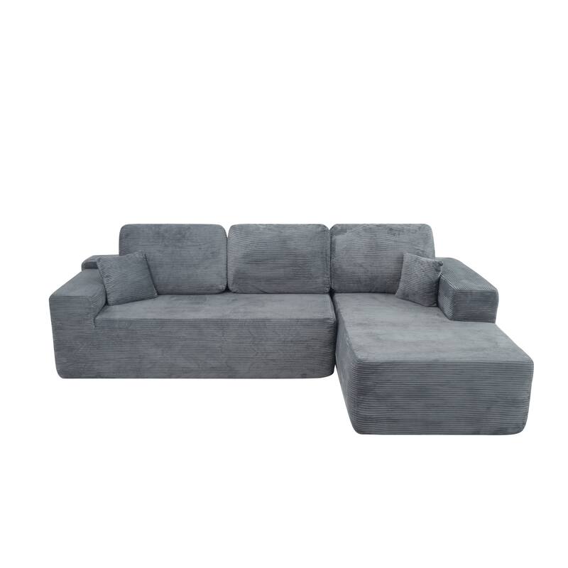Oversized Corduroy Corner Sofa with Chaise, Boneless L-Shaped Sectional Couch, Modular Deep Seat Couches with Pillows
