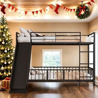 Kid Bed Frame Unique Metal Twin over Twin Size Bunk Bed with Slide and Guardrails