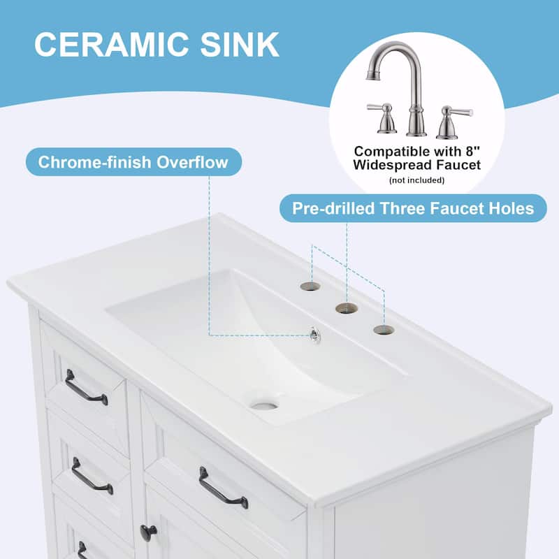 36-Inch Bathroom Vanity with Ceramic Sink Top - 4 Drawers and 1 Soft-Close Door
