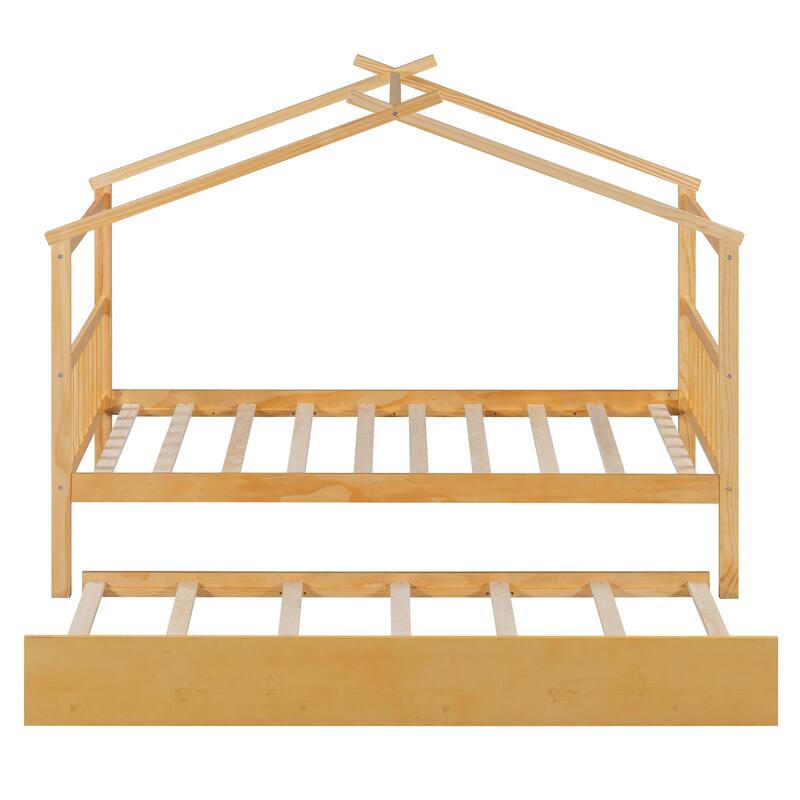 Twin Size Wooden House Bed with Pull-Out Trundle, Natural Finish