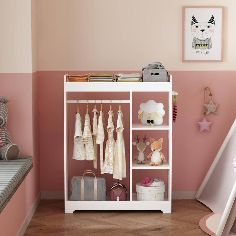 Kids Dress Up Storage with Mirror and Hooks, Wooden Clothes Rack with Hanging Rod, 3 Side Hooks, Storage Shelves and Top Shelf