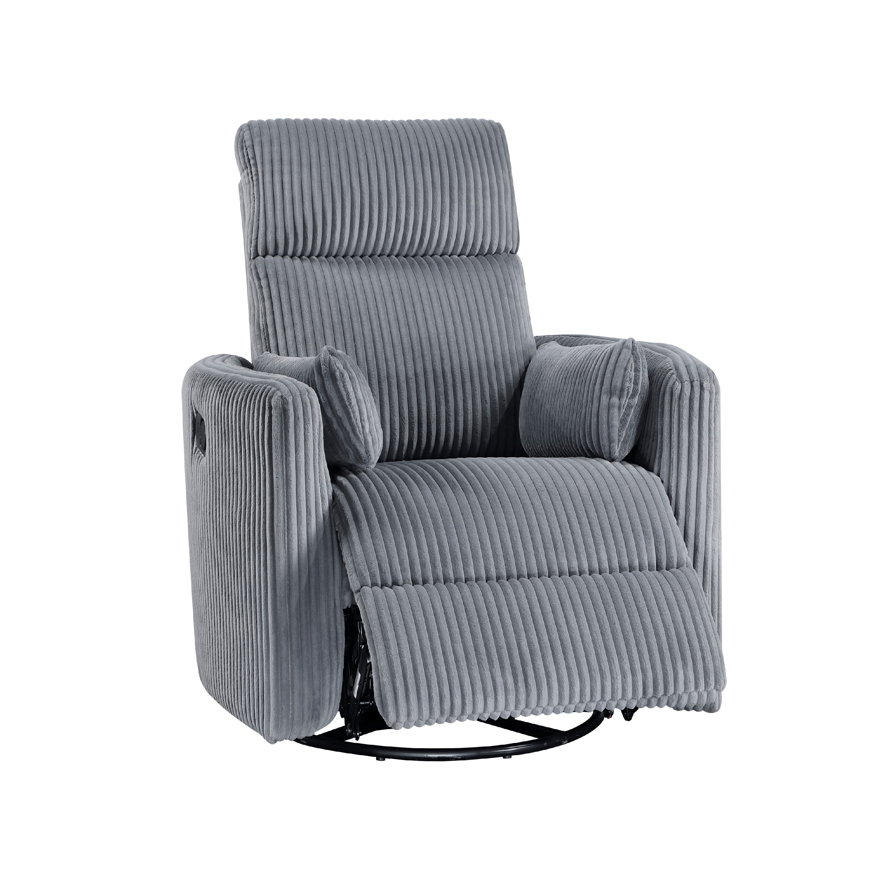 Benjara Rix Manual Swivel Glider Recliner Chair, 2 Pillows, Gray Corduroy